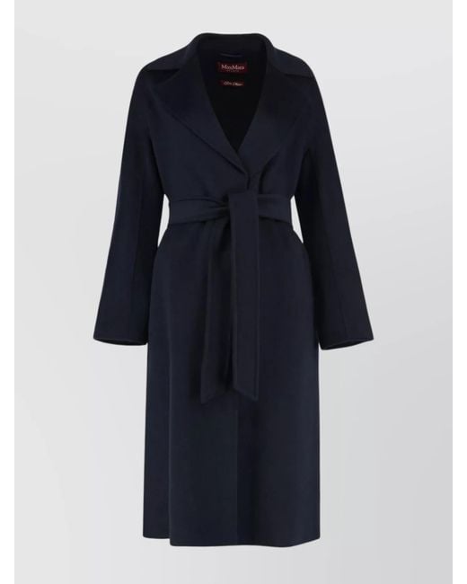 Max Mara Blue Wool And Cashmere Coat With Waist Belt