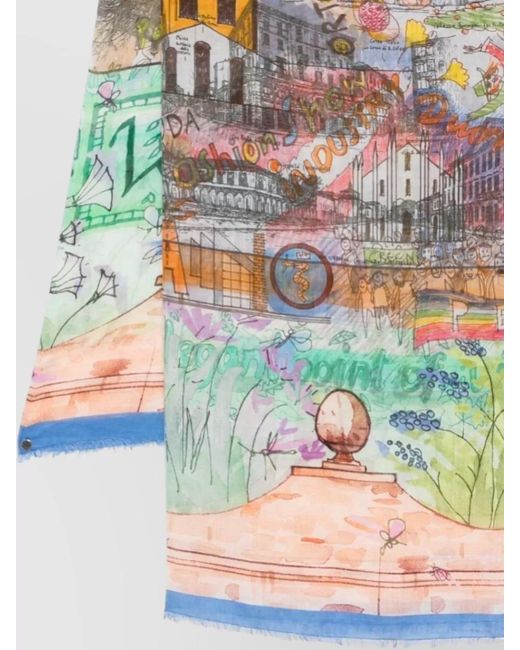 Faliero Sarti Gray Silk Blend Printed Fringed Scarf