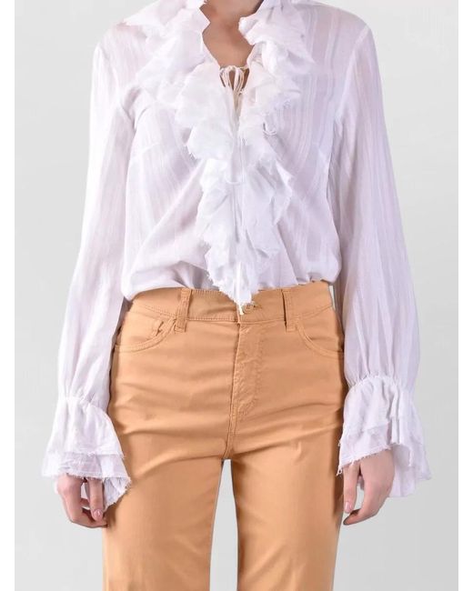 Dondup White Long Sleeve Shirt Sheer Fabric Tie Neck