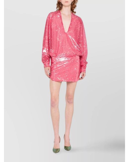 The Attico Pink Sequined V-Neck Long-Sleeve Mini Dress