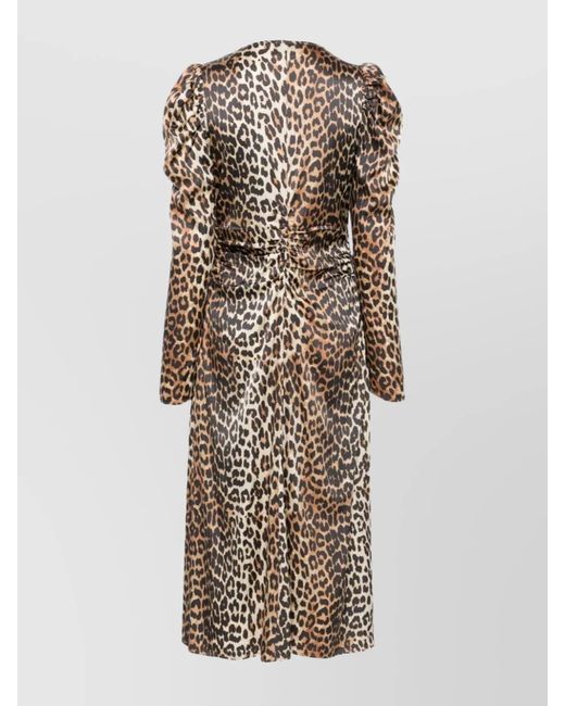 Ganni Natural Leopard Print Ruched V-Neck Midi Dress