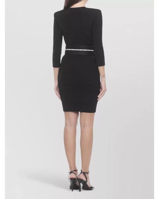Elisabetta Franchi Black Knitted V-Neck Belted Knee-Length Dress
