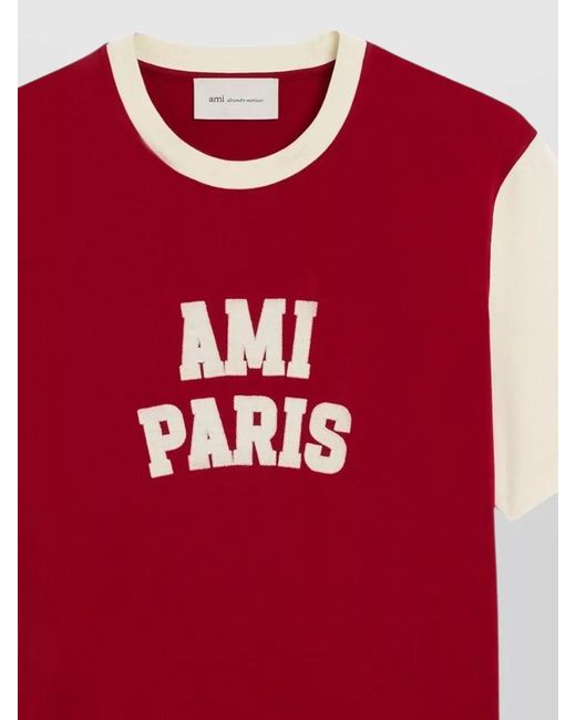 AMI Red Jersey T Shirt Contrast Sleeves Crew Neck for men