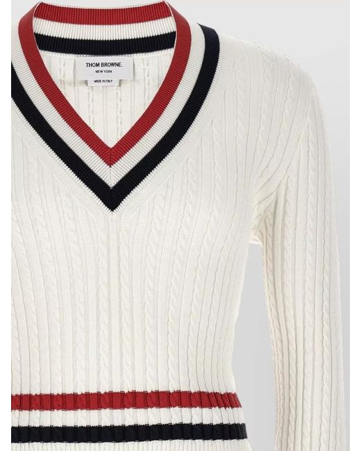 Thom Browne White Rwb Cable Knit Sweater Button Detail V Neck for men