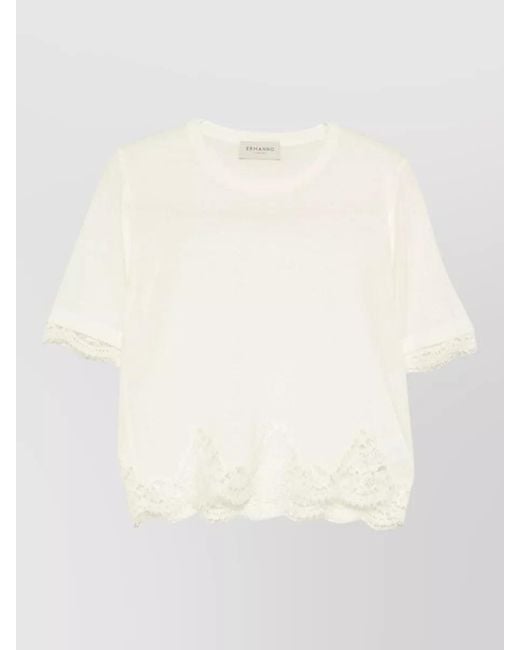 ERMANNO FIRENZE White Knit Top Crew Neck Lace Trim Scalloped Hem