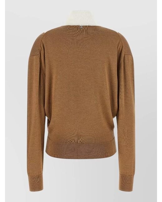 Rabanne Brown Virgin Wool Silk V-Neck Trompe Loeil Long-Sleeve Sweater