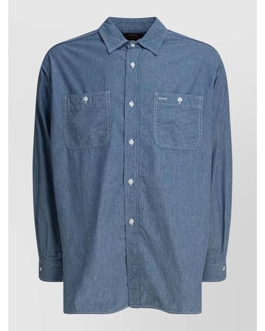 Beams Plus Blue Chambray Shirt Button Down Collar Pockets for men