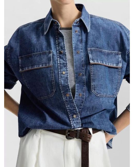 Brunello Cucinelli Blue Long Sleeve Shirt Collared Neck Front Pockets