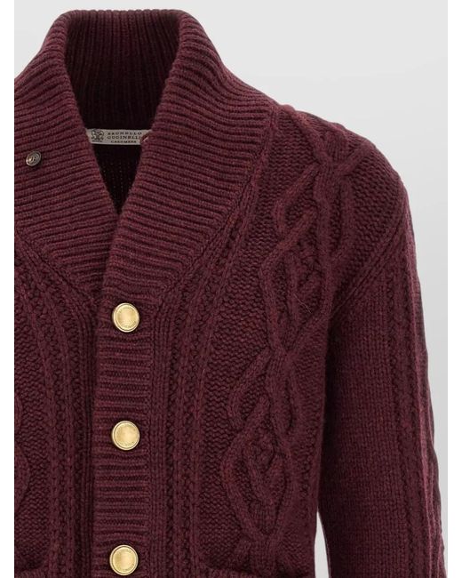 Brunello Cucinelli Red Cashmere Cable-Knit Shawl-Collar Cardigan for men