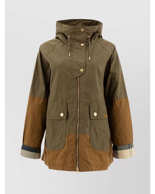 Barbour Green Hooded Drawstring Button Front Pockets Block