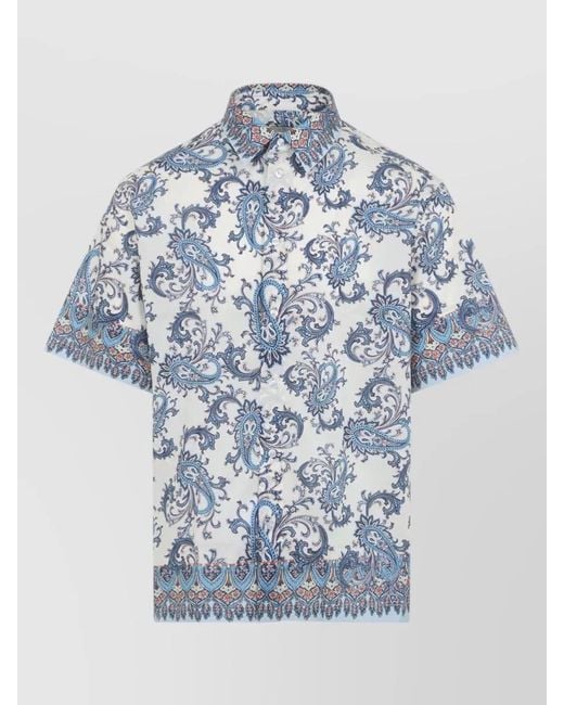 Etro Blue Cotton Short-Sleeve Floral Paisley Shirt for men