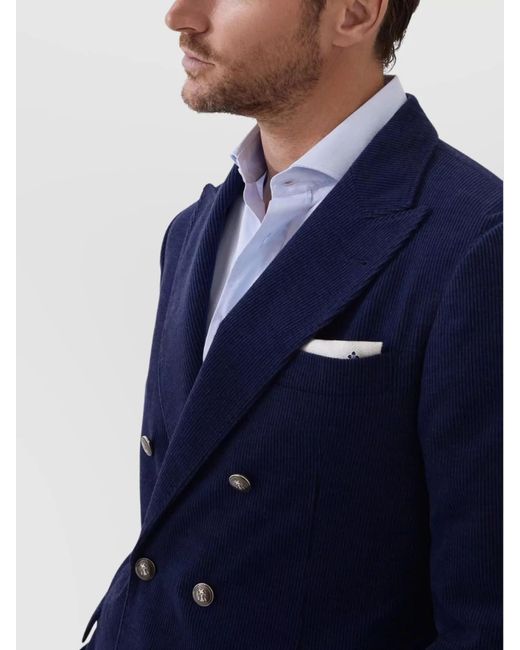 Brunello Cucinelli Blue Wool Silk Cashmere Double-Breasted Corduroy Blazer for men