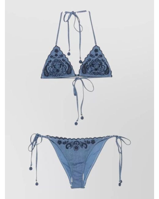 Zimmermann Blue Aster Triangle Bikini Set Embroidered Floral