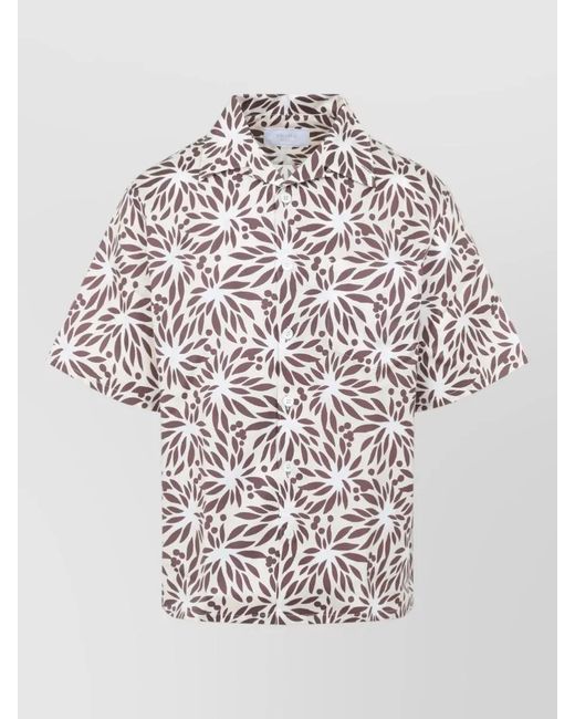 Prada White Silk Blend Floral Print Short Sleeve Bowling Shirt for men