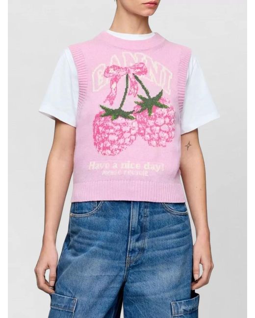 Ganni Pink Ribbed Wool Sleeveless Vest