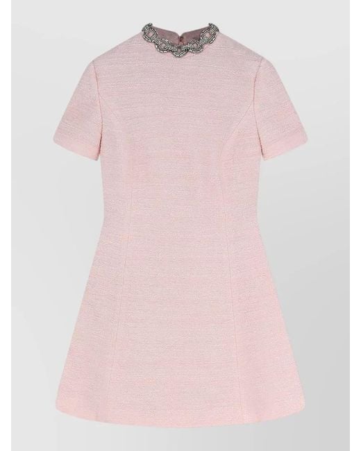 Valentino Pink Embroidered Crinkle Cotton Tweed Short Dress