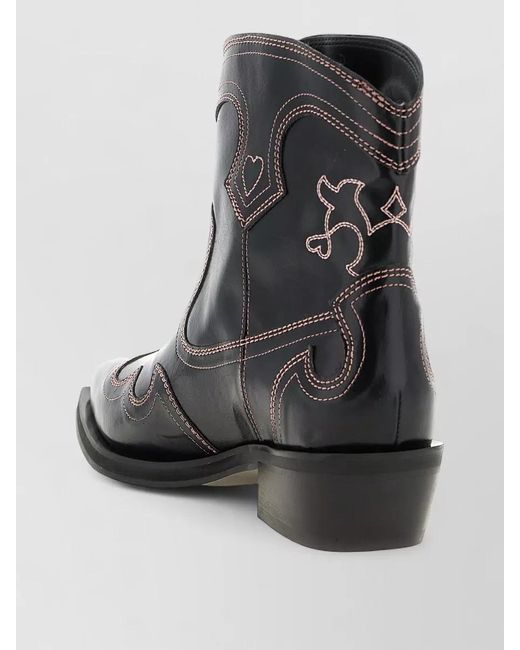 Ganni Black Embroidered Western Ankle Boots