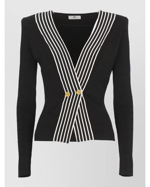 Elisabetta Franchi Black Fitted Viscose Cardigan Buttons Striped Trim