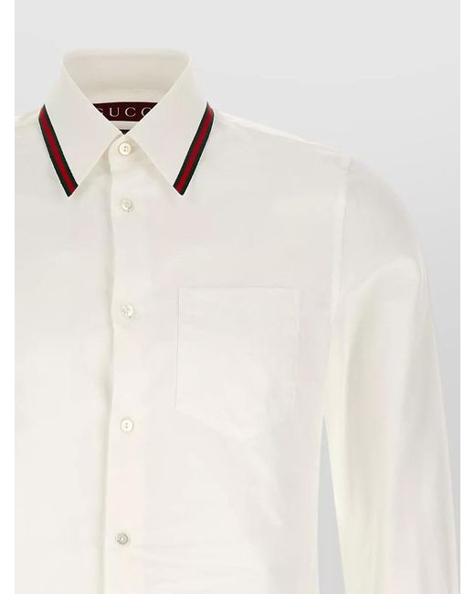 Gucci White Web Stripe Long Sleeve Shirt Button Collar for men