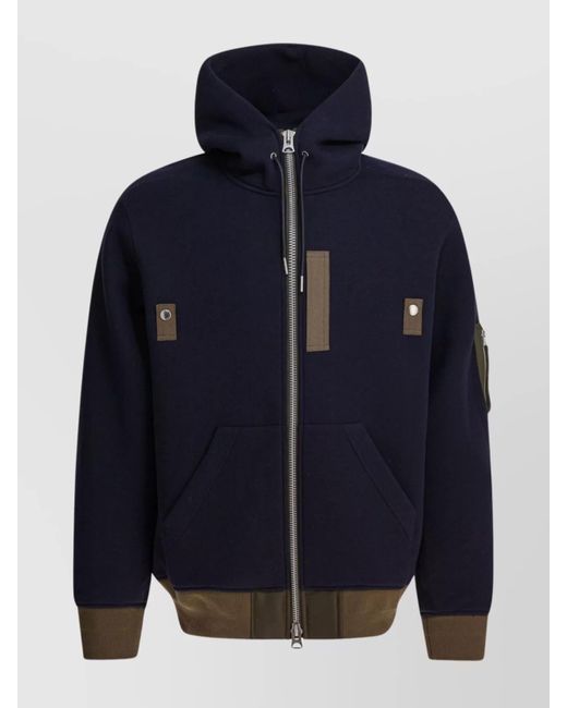 Sacai Blue Hooded Knitwear With Ribbed Hem for men