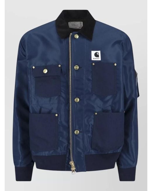 Sacai Blue Short Jacket Front Pockets Ribbed Cuffs for men