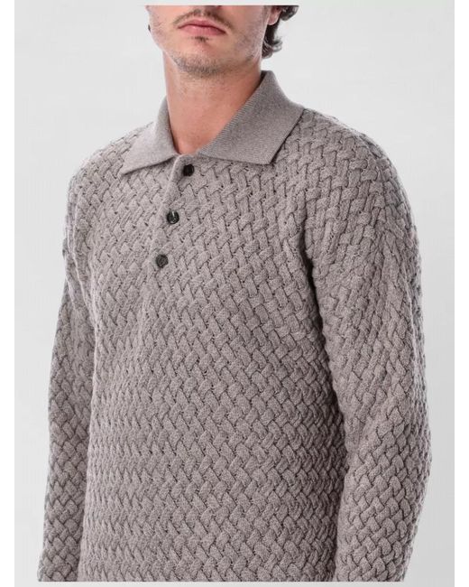 Bottega Veneta Gray Intreccio Knit Collared Long Sleeve Top for men