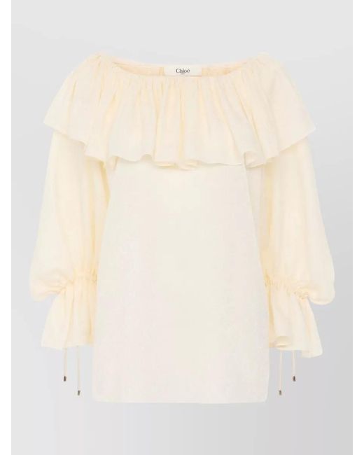 Chloé Natural Silk Jacquard Top Ruffled Neckline