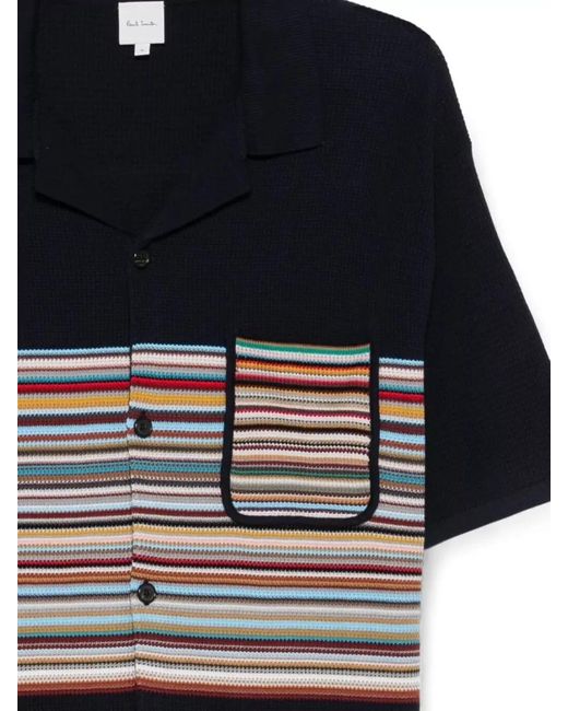 Paul Smith Blue Striped Knit Camp Collar Short Sleeve Shirt for men