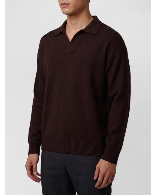 Roberto Collina Black Skipper Polo Shirt Merino Wool V Neck for men