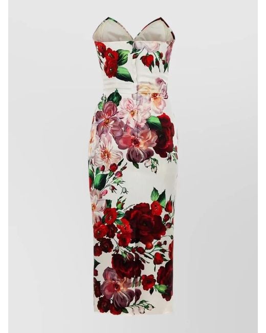 Dolce & Gabbana White Strapless Satin Midi Dress Floral Print