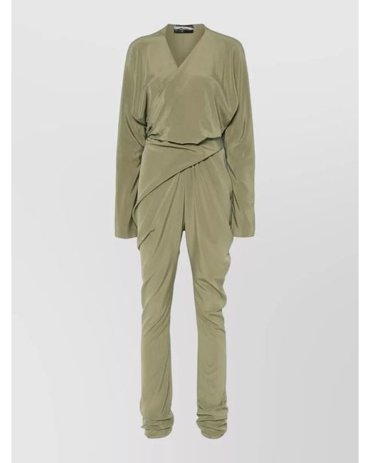 Cortana Green Silk Wrap Jumpsuit Long Sleeves Tie Waist