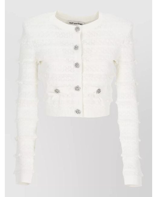 Self-Portrait White Cropped Textured Cardigan Bows Jewel Pockets