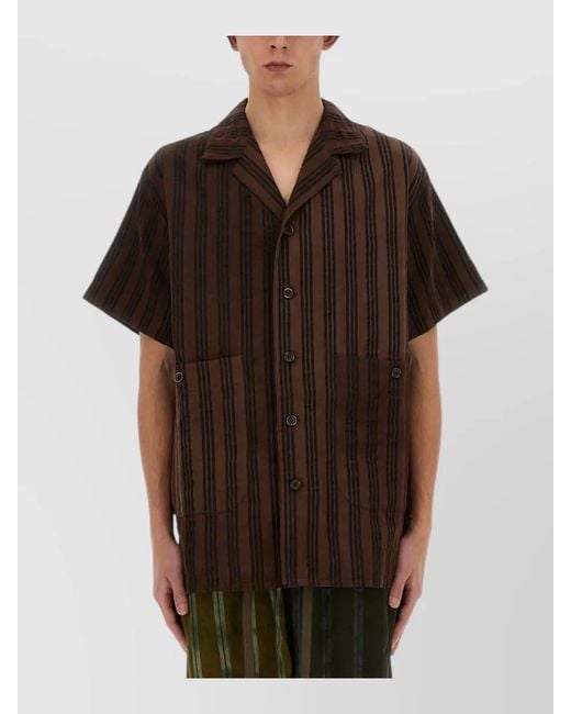 Uma Wang Black Short Sleeve Shirt Striped Pattern Front Pockets for men