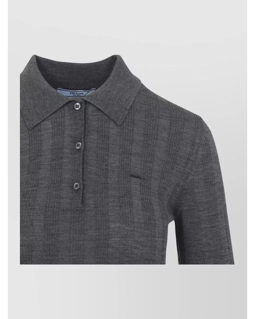 Prada Gray Fine-Knit Wool Polo Shirt
