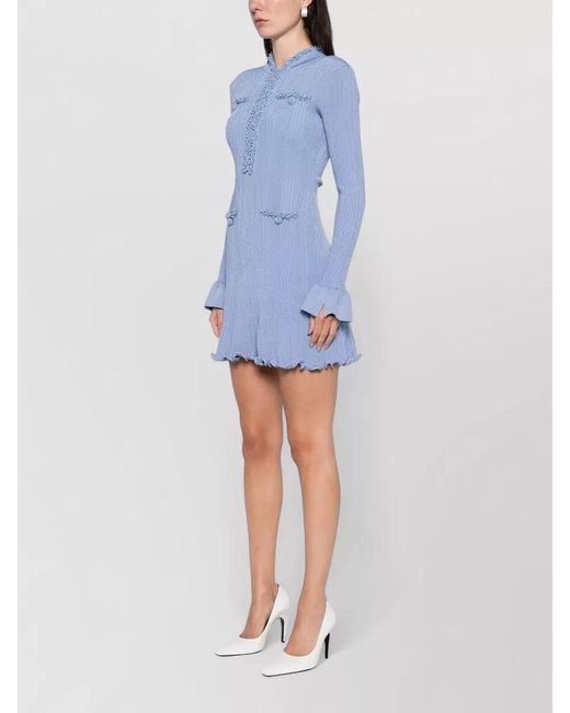 Self-Portrait Blue Knit Mini Dress Pearl Trim High Neck