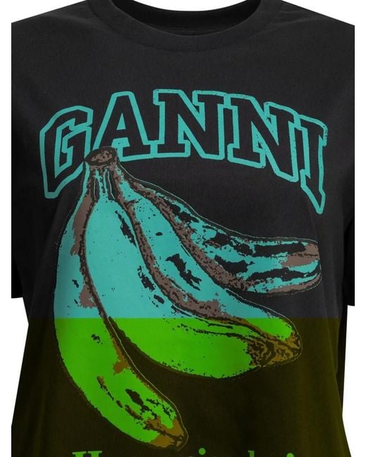 Ganni Green Banana Graphic Crew Neck Short Sleeve T Shirt