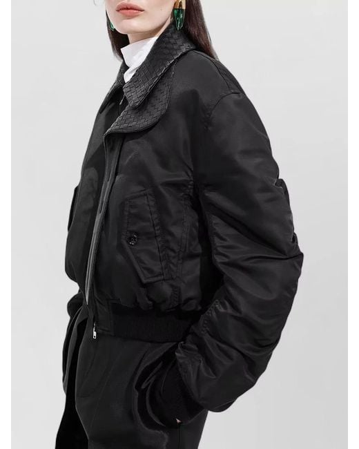 Bottega Veneta Black Nylon Bomber Jacket Leather Collar Detailing