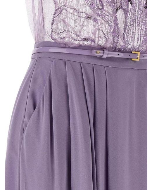 Elisabetta Franchi Purple Sleeveless Pleated Dress Sheer Bodice Belt