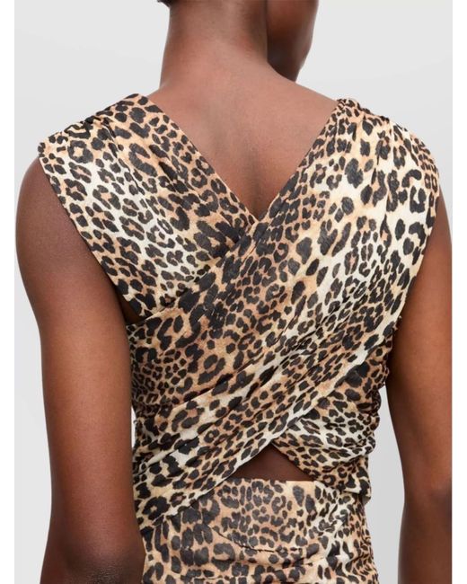 Ganni Natural Leopard-Print Sleeveless V-Neck Asymmetric Midi Dress