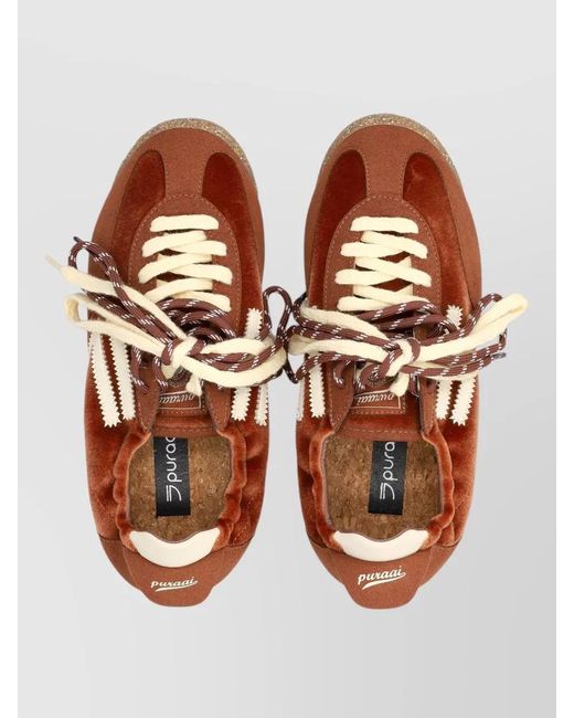 PURAAI Brown Velvet And Suede Lace-Up Sneakers