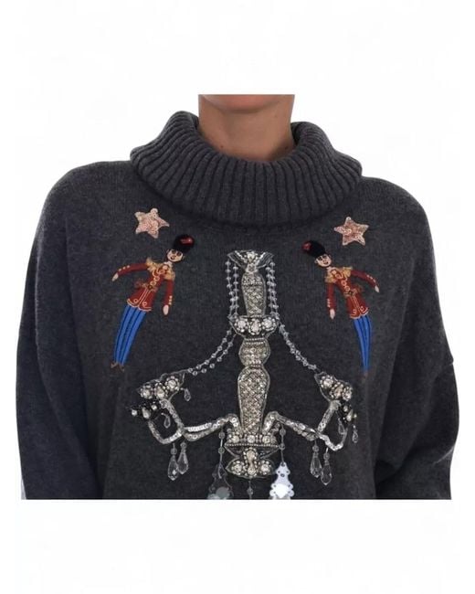 Dolce & Gabbana Blue Cashmere Embroidered Turtleneck Oversized Sweater