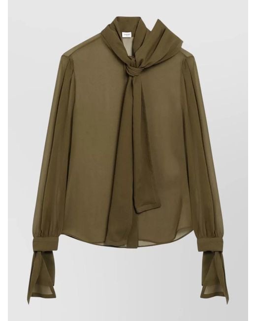 Saint Laurent Green Sheer Tie Neck Blouse Long Sleeves