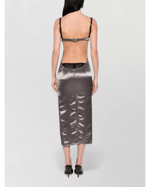The Attico Gray Satin Midi Dress Square Neckline Straps
