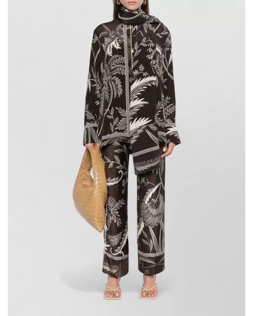 F.R.S For Restless Sleepers Black Silk Botanical-Print Long-Sleeve Blouse