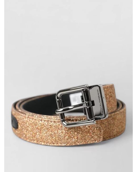 Dolce & Gabbana Brown Glitter Leather Belt Reversible Metal Buckle