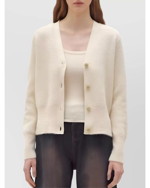 Blugirl Blumarine Natural V-Neck Sweater With Button Embellishments And Long Sleeves