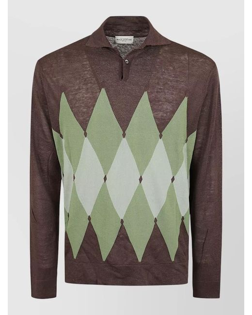 Ballantyne Green Polo Neck Sweater Argyle Pattern Lightweight for men