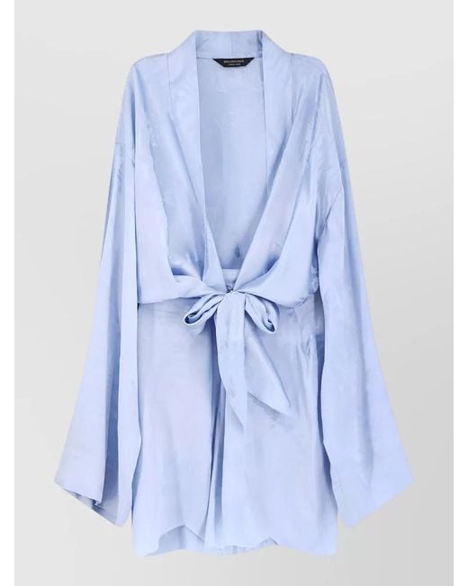 Balenciaga Blue Silk Wrap Dress Belted Waist Bow Detail