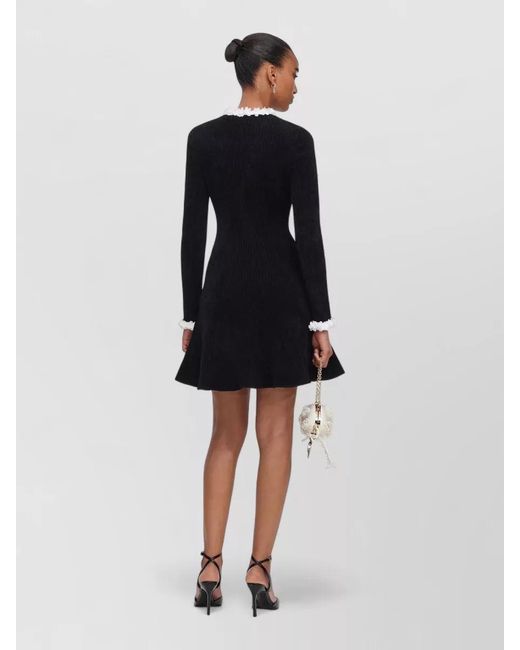 Self-Portrait Black Chenille Knit Floral-Trim Mini Dress