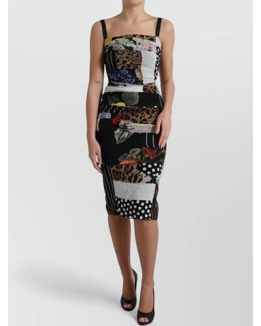 Dolce & Gabbana Black Patchwork Midi Dress Floral Leopard Print